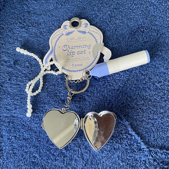Handbags - Charming keychain, lip set, gloss, heart shaped mirror, faux pearls